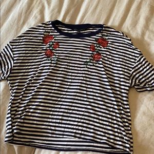 Striped rose embroidered crop top